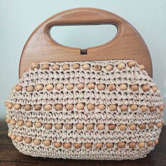 Vintage Raffia Wooden Handle Handbag - Picture 3 of 12